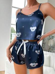 Koala Print Satin Cami Top & Bow Front Shorts PJ Set - Navy Blue - View 1