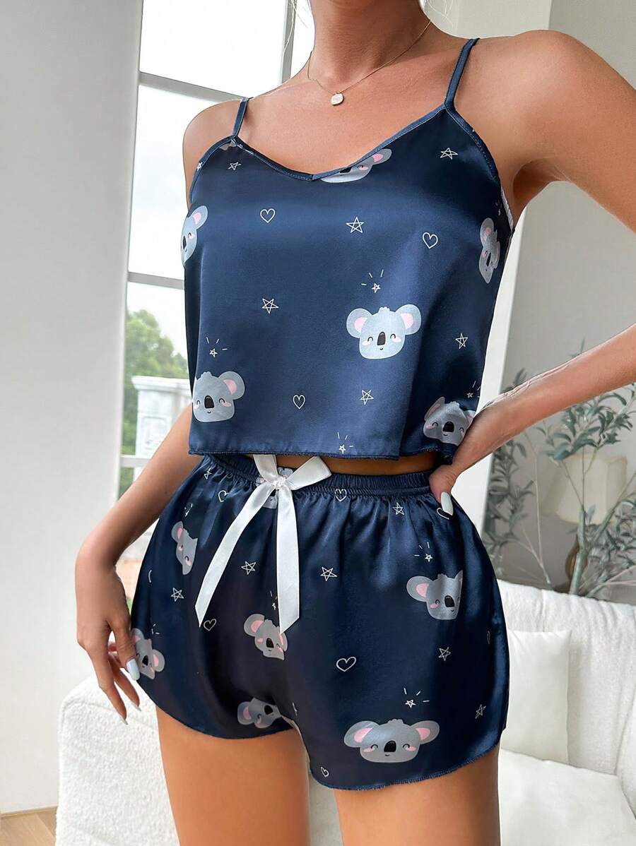 Koala Print Satin Cami Top & Bow Front Shorts PJ Set - Navy Blue - View 1