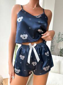 Koala Print Satin Cami Top & Bow Front Shorts PJ Set - Navy Blue - View 3