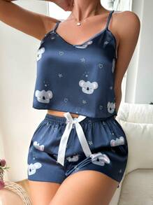 Koala Print Satin Cami Top & Bow Front Shorts PJ Set - Navy Blue - View 5