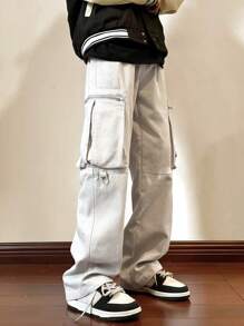 Claim Dot Men Letter Patched Detail Flap Pocket Side Drawstring Waist Trousers - Beige - View 3