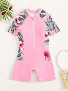 Tween Girl Tropical Print Zipper Front One Piece Swimsuit - Baby Pink - View 1