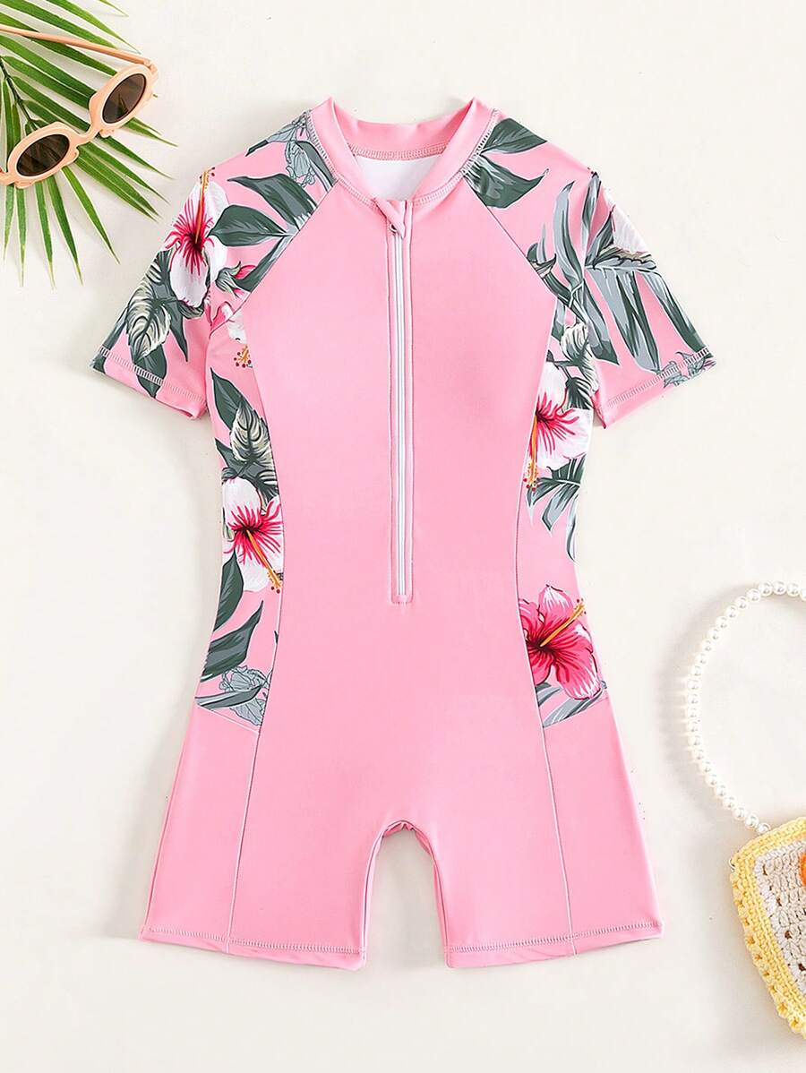 Tween Girl Tropical Print Zipper Front One Piece Swimsuit - Baby Pink - View 1