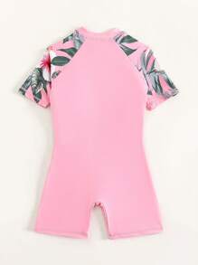 Tween Girl Tropical Print Zipper Front One Piece Swimsuit - Baby Pink - View 2