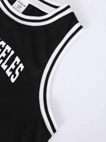 SHEIN 小男童字母圖案條紋飾邊背心上衣和短褲 - 黑色 - 查看 3