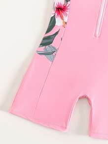 Tween Girl Tropical Print Zipper Front One Piece Swimsuit - Baby Pink - View 4