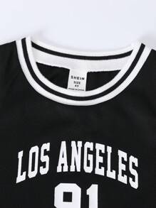 SHEIN 小男童字母圖案條紋飾邊背心上衣和短褲 - 黑色 - 查看 4