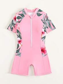 Tween Girl Tropical Print Zipper Front One Piece Swimsuit - Baby Pink - View 5