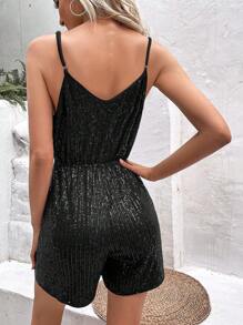 Allurite Surplice Neck Sequin Cami Romper - Black - View 2