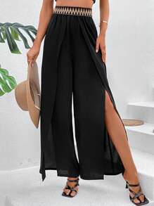 Breezaya Geo Tape Split Thigh Wide Leg Trousers - Black - View 3