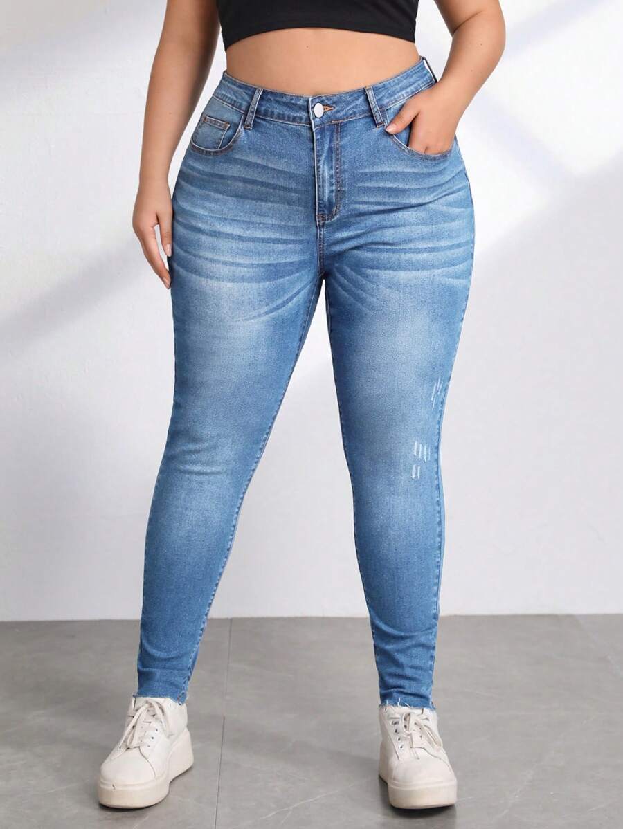 SHEIN Essnce Quần Denim kích thước lớn Nút Túi Dây kéo màu trơn - Rửa nhẹ - Xem 1
