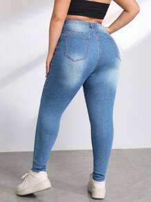 SHEIN Essnce Quần Denim kích thước lớn Nút Túi Dây kéo màu trơn - Rửa nhẹ - Xem 2