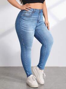 SHEIN Essnce Quần Denim kích thước lớn Nút Túi Dây kéo màu trơn - Rửa nhẹ - Xem 4