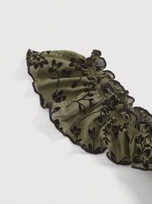 SHEIN MOD 印花胸部褶皺前繫帶荷葉邊洋裝 - 軍綠色 - 查看 3