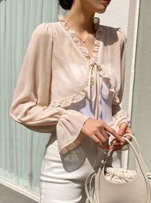 DAZY 褶邊前打結荷葉袖襯衫 - 杏色 - 查看 1