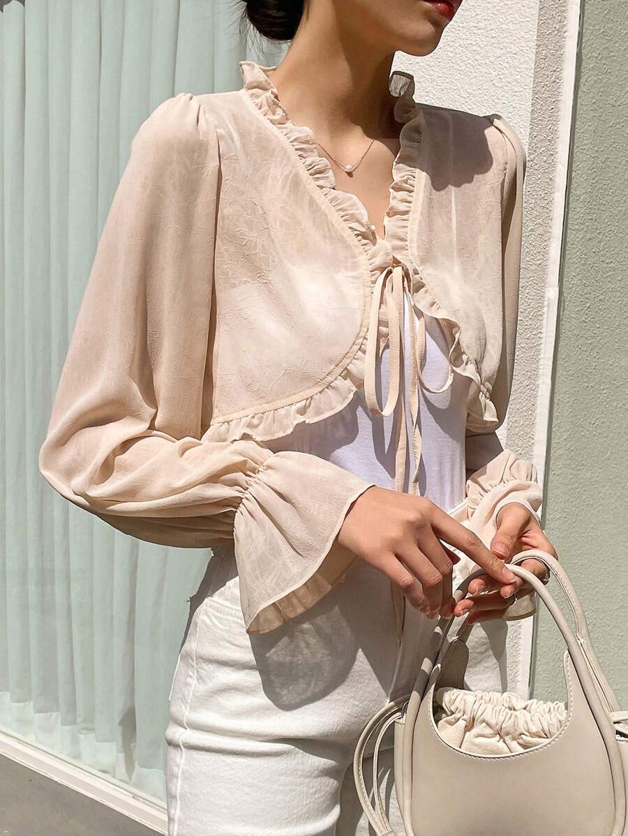 DAZY 褶邊前打結荷葉袖襯衫 - 杏色 - 查看 1