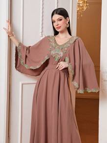 Modelyn Váy Ả Rập Đề can Thắt lưng Hoa Thanh lịch - Màu be - Xem 5