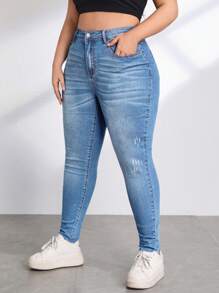 SHEIN Essnce Quần Denim kích thước lớn Nút Túi Dây kéo màu trơn - Rửa nhẹ - Xem 6
