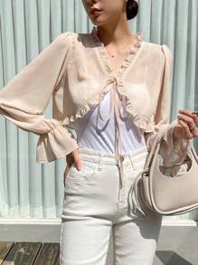 DAZY 褶邊前打結荷葉袖襯衫 - 杏色 - 查看 3