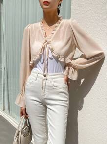 DAZY 褶邊前打結荷葉袖襯衫 - 杏色 - 查看 4