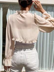 DAZY 褶邊前打結荷葉袖襯衫 - 杏色 - 查看 5