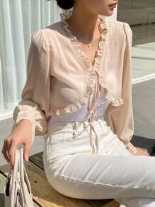 DAZY 褶邊前打結荷葉袖襯衫 - 杏色 - 查看 6