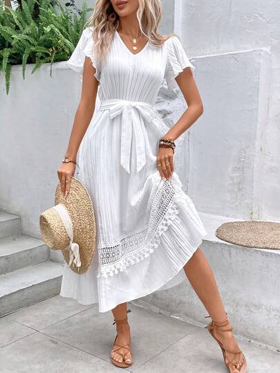 SHEIN VCAY Guipure Lace Panel Butterfly Sleeve Ruffle Hem Belted Dress