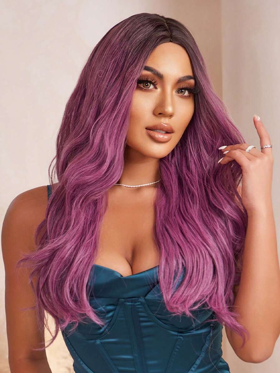 HAIRCUBE 28 英寸長紫色假髮捲髮合成假髮，中間部分帶深色根假髮適合日常派對 - 紫色 - 查看 1