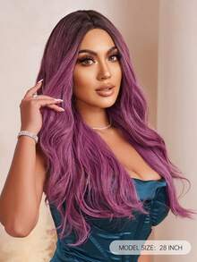 HAIRCUBE 28 英寸長紫色假髮捲髮合成假髮，中間部分帶深色根假髮適合日常派對 - 紫色 - 查看 2