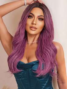 HAIRCUBE 28 英寸長紫色假髮捲髮合成假髮，中間部分帶深色根假髮適合日常派對 - 紫色 - 查看 5
