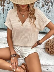 EMERY ROSE Button Front Batwing Sleeve Tee - Apricot - View 4