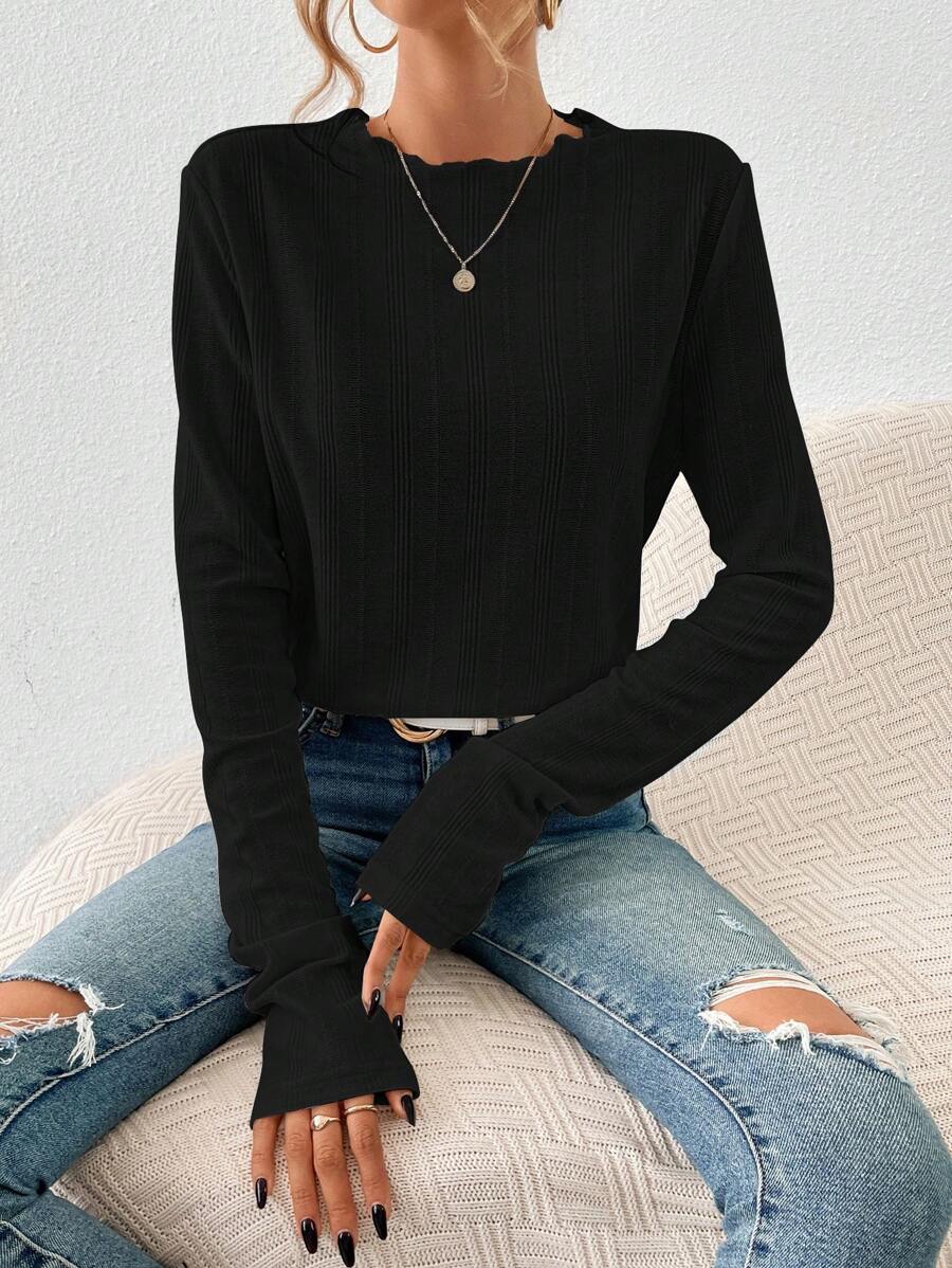 SHEIN Essnce 素色木耳邊T恤 - 黑色 - 查看 1