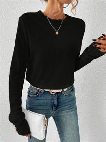 SHEIN Essnce 素色木耳邊T恤 - 黑色 - 查看 3