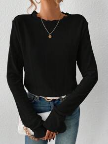 SHEIN Essnce 素色木耳邊T恤 - 黑色 - 查看 4