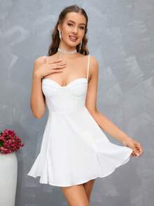 PARTHEA Pearls Beaded Godet Hem Bustier Cami Dress - White - View 3