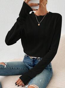 SHEIN Essnce 素色木耳邊T恤 - 黑色 - 查看 5