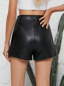 Giolshon Women's Black PU Faux Leather Shorts, Versatile Short Leather Pants For Spring And Summer - Black - View 2