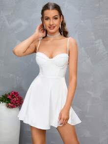 PARTHEA Pearls Beaded Godet Hem Bustier Cami Dress - White - View 8