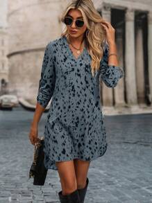 SHEIN LUNE Vestido con estampado de manga enrollada - Neblina azul - Ver 3