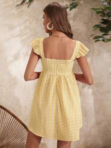 SHEIN VCAY Gingham Print Square Neck Dress - Yellow - View 2