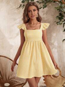 SHEIN VCAY Gingham Print Square Neck Dress - Yellow - View 3