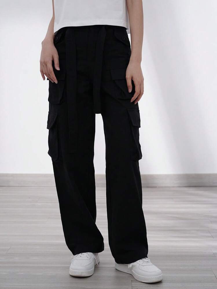 Solid Flap Pocket Cargo Pants - Black - View 3