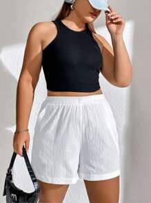 SHEIN EZwear Plus Solid Slant Pocket Shorts - White - View 5