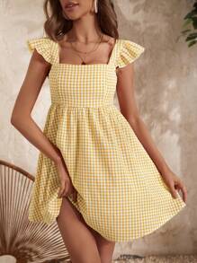 SHEIN VCAY Gingham Print Square Neck Dress - Yellow - View 6