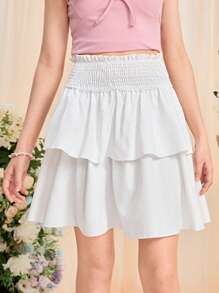 SHEIN 青少年女孩紙袋腰雙層下擺半身裙 - 白色 - 查看 1