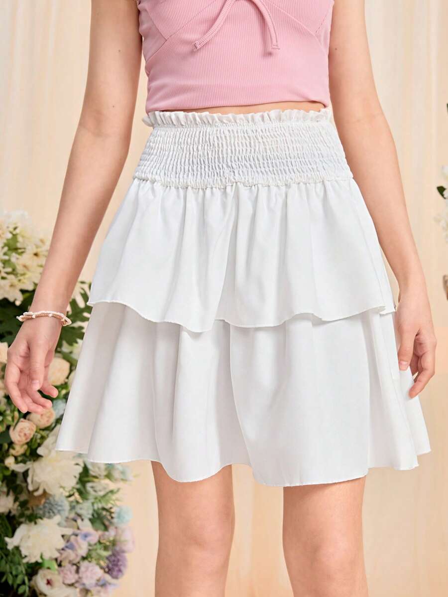 SHEIN 青少年女孩紙袋腰雙層下擺半身裙 - 白色 - 查看 1