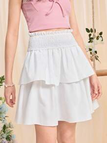 SHEIN 青少年女孩紙袋腰雙層下擺半身裙 - 白色 - 查看 3