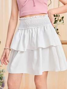 SHEIN 青少年女孩紙袋腰雙層下擺半身裙 - 白色 - 查看 4