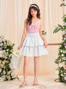 SHEIN 青少年女孩紙袋腰雙層下擺半身裙 - 白色 - 查看 5