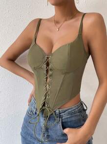 Chiquease Grommet Eyelet Lace Up Cami Top - Army Green - View 5
